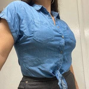Blue denim button down tie front shirt